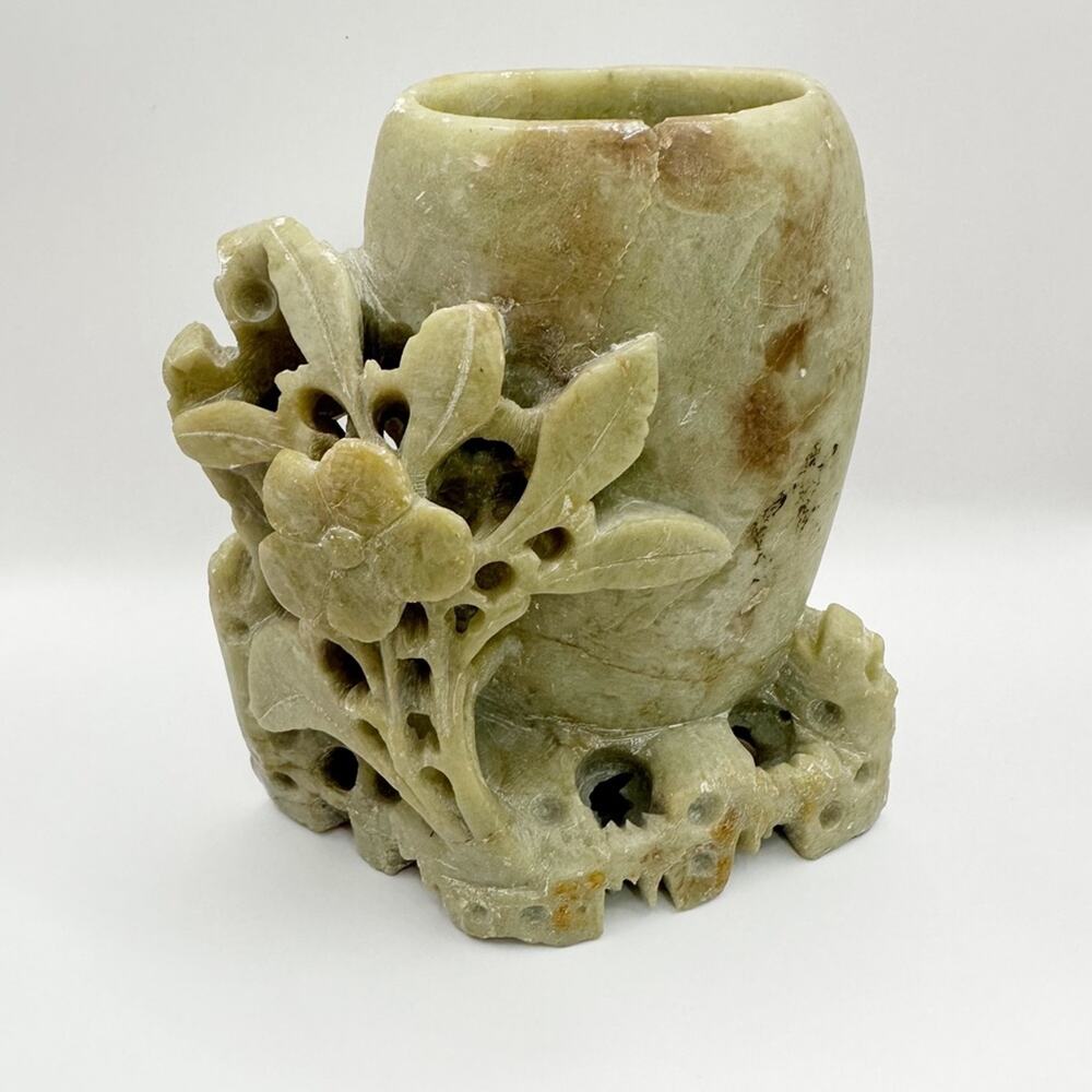 Vintage Chinese Soapstone Carved Floral Miniature Pen Holder Bud Vase home decor